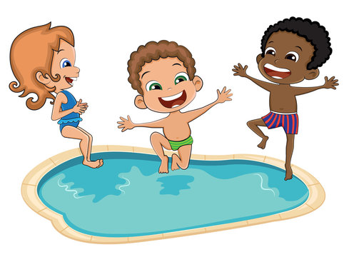 Happy Kids Jumping In Swimming Pool