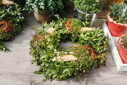 Florist crafted handmade wreath for sale at market
