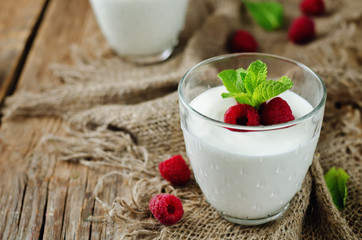 Greek yougurt with fresh raspberries and mint
