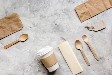paper bags for food delivery restourant stone table background top view mockup