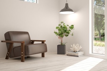 White room with armchair and green landscape in window. Scandinavian interior design. 3D illustration