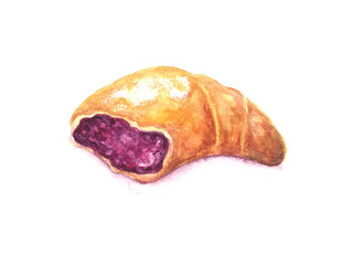 French croissant with berry jam. Sweet fresh bakery. Watercolor illustration. Design element isolated on white background. Hand painted bakery. Watercolor painting. Hand drawn food illustration.