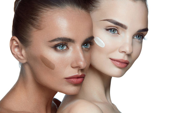 Facial Care. Beautiful Women Faces With Fresh Natural Makeup