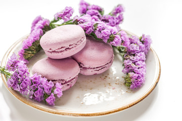 Fototapeta na wymiar spring design in pastel color with macaroons and purple flowers