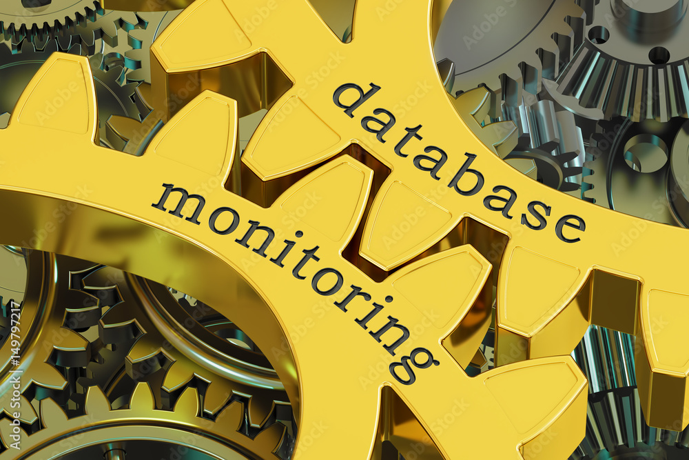 Poster database monitoring concept on the gearwheels, 3d rendering