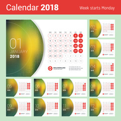 Desk Calendar for 2018 Year. Vector Design Print Template with Place for Photo. Week Starts on Monday. Set of 12 Months