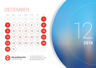 December 2018. Desk Calendar for 2018 Year. Vector Design Print Template with Place for Photo. Week Starts on Sunday
