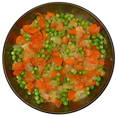 Close-up of sautéed vegetables that are on frying pan.