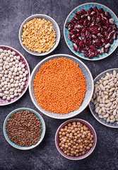 Various legumes. Chickpeas, red lentils, black lentils, yellow peas and beans