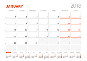 Calendar Template for 2018 Year. January. Business Planner with Year Calendar. Stationery Design. Week starts on Monday. Vector Illustration