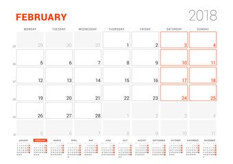 Calendar Template for 2018 Year. February. Business Planner with Year Calendar. Stationery Design. Week starts on Monday. Vector Illustration