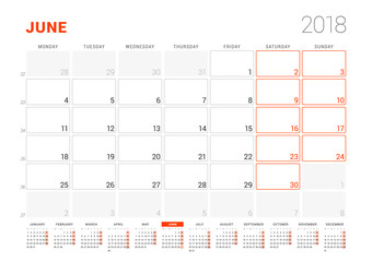 Calendar Template for 2018 Year. June. Business Planner with Year Calendar. Stationery Design. Week starts on Monday. Vector Illustration