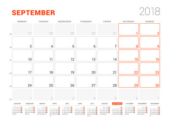 Calendar Template for 2018 Year. September. Business Planner with Year Calendar. Stationery Design. Week starts on Monday. Vector Illustration