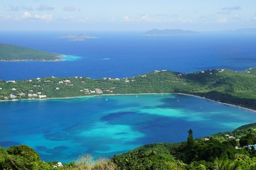 Fototapeta na wymiar A high point view of Magens Bay, St. Thomas island with multiple other caribbean islands on the background