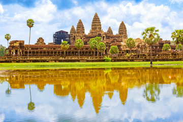 Angkor Wat temple reflected in the lake. Siem Reap, Cambodia