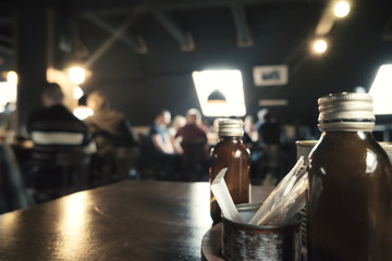 Hall of Coffee shop blurred background with bokeh effect and vintage color