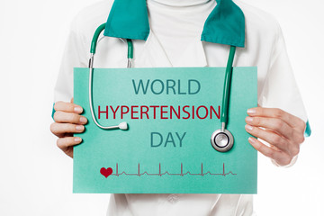 World Hypertension Day. Medic holds a signboard with the text. 17th May.
