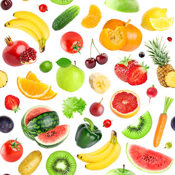 Fruits and vegetables seamless pattern. Background of fresh falling mixed healthy food