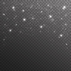 Silver glitter sparkles on transparent background. Vector dust texture. Twinkling confetti, shimmering star lights. Vector illustration.