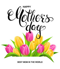 Fototapeta na wymiar Happy Mother's day card with colorful tulips and handwritten calligraphy. Vector illustration.