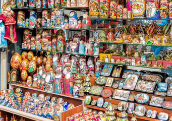 Fototapeta na wymiar Shelf with russian national souvenirs.