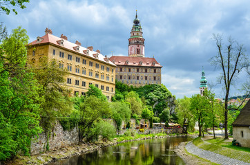 Fototapeta na wymiar View of Castle in Cesky Krumlov from the wooden bridge on Vltava