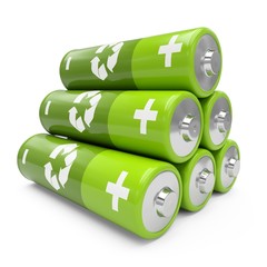 3D Rendering green batteries on white background