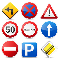 Road signs collection isolated on white background. Road traffic control.Lane usage.Stop and yield. Regulatory signs.