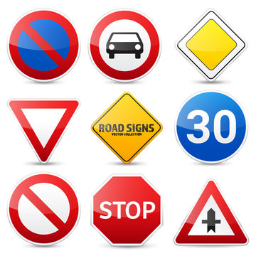 Road signs collection isolated on white background. Road traffic control.Lane usage.Stop and yield. Regulatory signs.