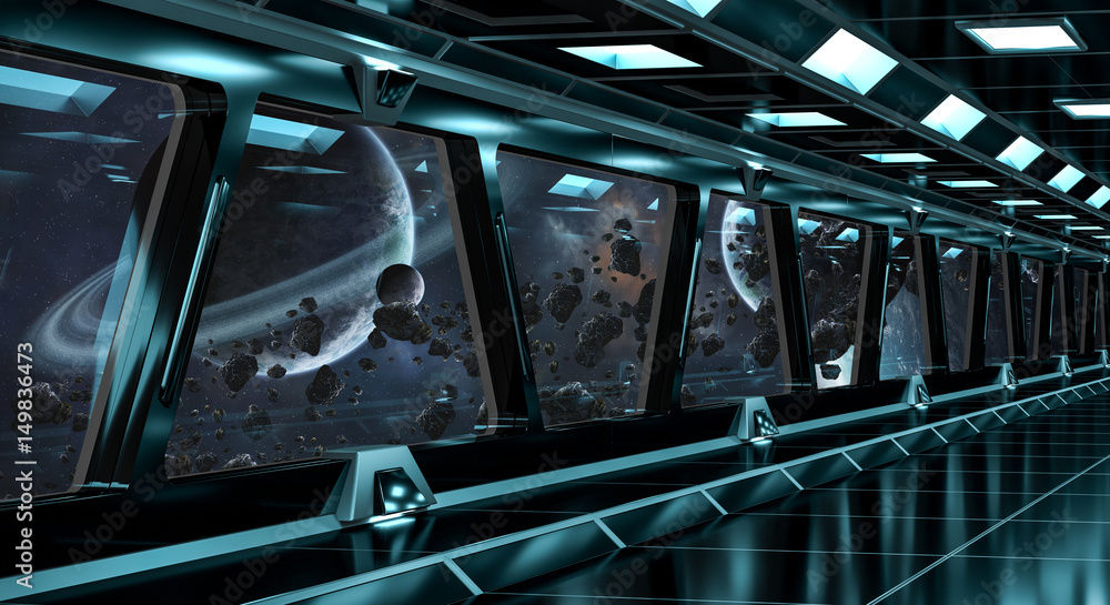 Poster Spaceship corridor with view on distant planets system 3D rendering elements of this image furnished by NASA