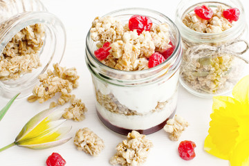 Greek yogurt with cherry jam and granola