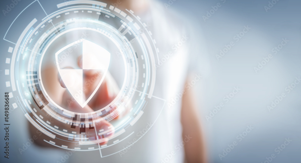 Poster businessman using shield safe protection to protect his datas 3d rendering