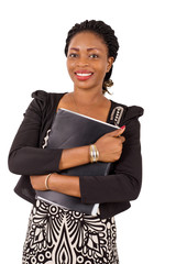 Portrait of smiling businesswoman with black backrest on her chest, isolated on white background