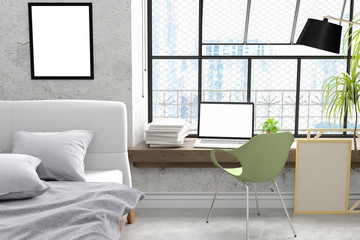The modern of loft bedroom old concrete design with work park laptop mock up design, 3D render image