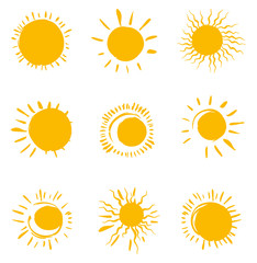 Nine painted solar symbols. Vector set of sun icons.