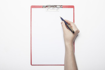 woman hand hold a clipboard isolated white.