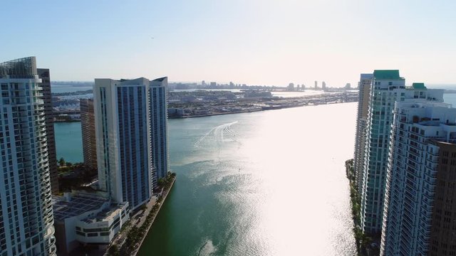 Aerial video of Brickell Bay and Port Miami