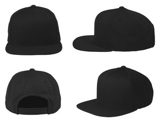 Mock up blank flat snap back hat black isolated view set on white background - obrazy, fototapety, plakaty