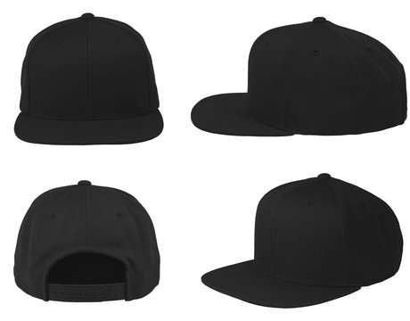 Mock up blank flat snap back hat black isolated view set on white background