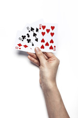 woman hand hold a card isolated white.