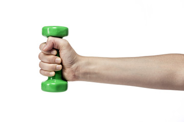 woman hand hold a dumbbell isolated white.