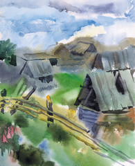 Watercolor picture of a Siberian village
