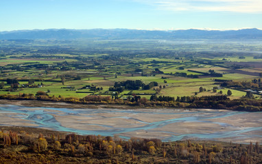 Fototapeta na wymiar Canterbury Plains & Waimakariri River Aerial Autumn morning, New Zealand