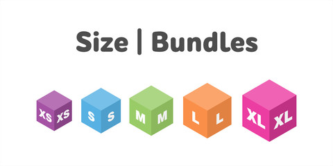 Different size bundles icons set. Literal measurement symbol vector illustration. Labels from extra small to extra large