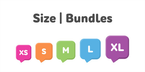 Different size bundles icons set. Literal measurement symbol vector illustration. Labels from extra small to extra large