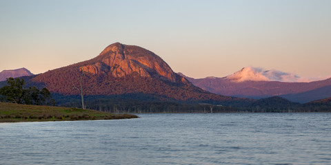 Sunrise view of Mount Greville from Lake Moogerah