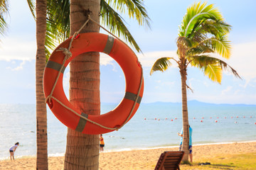 Life Buoy on sand beach near sea or ocean.