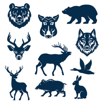 Vector icons of wild animals and birds for hunting