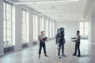 Obraz premium Scientists designing space suit. Mixed media