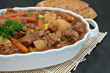 Homemade beef stew, close up.